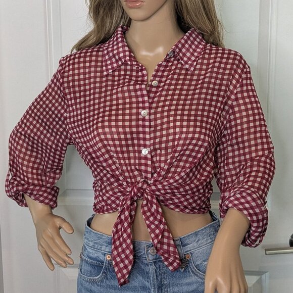 American Rag Cie Button-up Blouse Sheer Top Womens XL Red White Gingham Roll-Tab - Picture 1 of 15